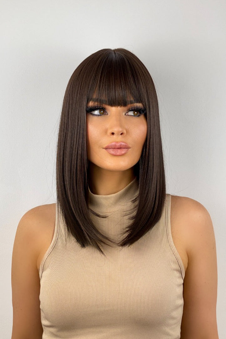 braune, glatte Longbob Perücke aus hitzebeständiger Synthetikfaser mit Pony, ready-to-wear ohne kleben