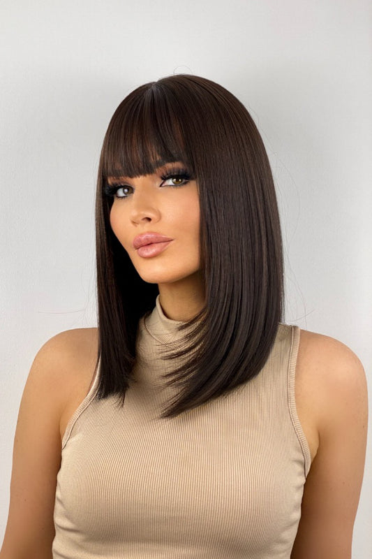 braune, glatte Longbob Perücke aus hitzebeständiger Synthetikfaser mit Pony, ready-to-wear ohne kleben